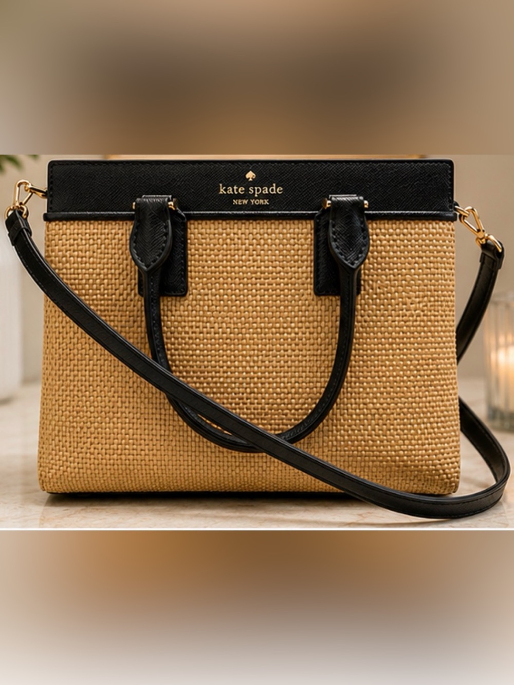 kate spade Two-Tone Straw Tote with Black Trim